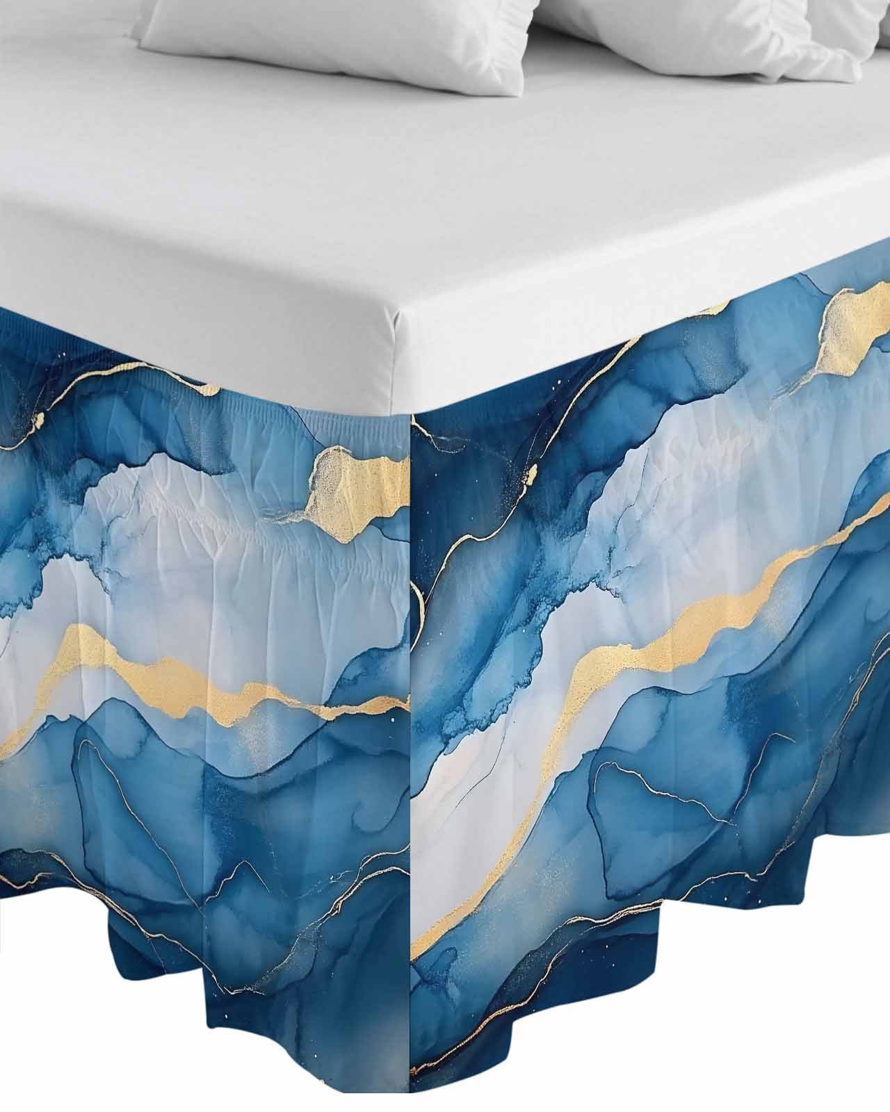 Blue Marble Wrap Around Bed Skirts for Queen Bed 16" Drop, Bed Skirt with Adjustable Elastic Belt Dust Ruffle Bed Valance for Bedroom Hotel Luxury Modern Abstract Ink Painting Bed Frame Cover