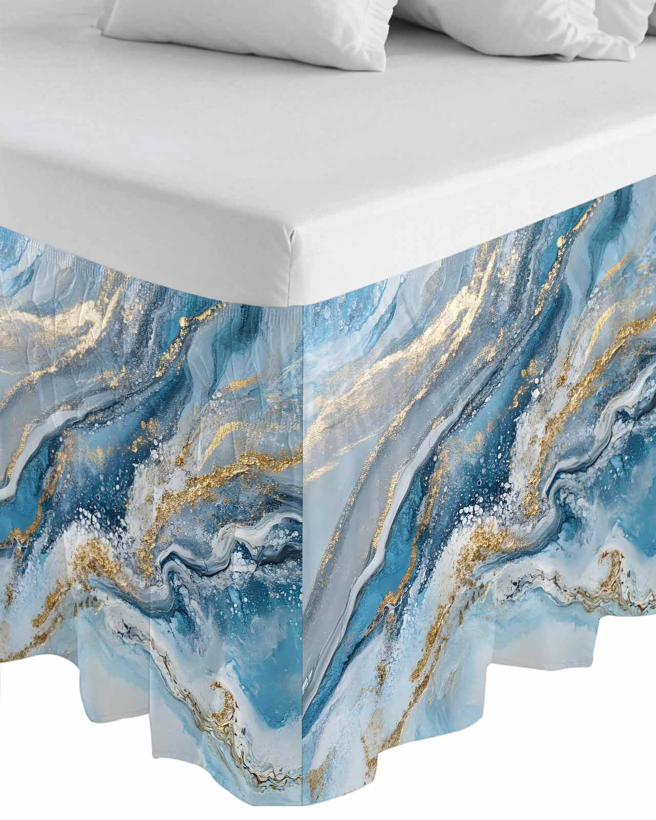 Blue Marble Wrap Around Bed Skirts for Queen Bed 16" Drop, Bed Skirt with Adjustable Elastic Belt Dust Ruffle Bed Valance for Bedroom Hotel Luxury Modern Contemporary Luxury Yellow Bed Frame Cover