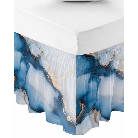 Blue Marble Wrap Around Bed Skirts for Queen Bed 16" Drop,Bed Skirt with Adjustable Elastic Belt Dust Ruffle Bed Valance for Bedroom Hotel Modern Gray Golden Abstract Gradient Art Bed Frame Cover