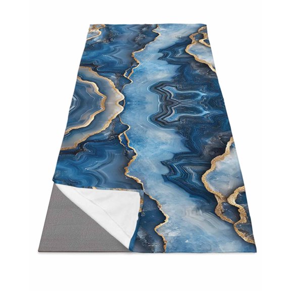 Blue Marble Yoga Towel for Hot Yoga Non Slip, Contemporary Abstract Golden Foil Texture Yoga Mat Towel Absorbent Yoga Sweat Towels Microfiber Hot Yoga Blanket for Bikram Pilates 26"x70"
