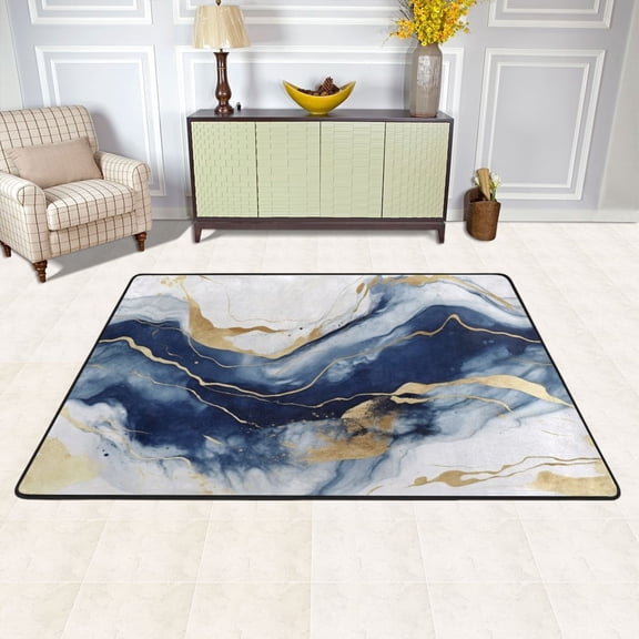 Blue Marble with Gold Area Floor Mats 72" x 48" Soft Non-Slip Large Rugs Nursery Memory Foam Carpets Living Room Doormat for Bedroom Dinning Decor