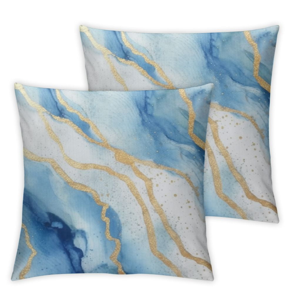 Blue Marble with Gold Glitter Marbling Texture Throw Pillow Covers Set