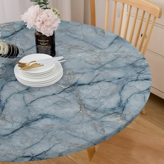 Blue MarbleTablecloth Fitted Elastic Oil-Proof Neutral Gray Patio Table Covers Wrinkle Resistant Round Tablecloths Waterproof for 46" - 52" Round Table