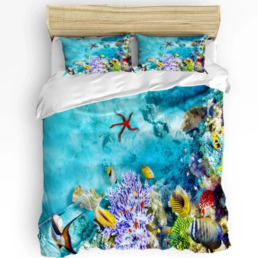 Tropical Beach Seashell Quilt Set – Aqua Blue, Nautical Coastal Theme