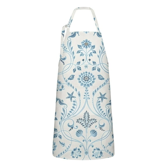 Blue Marine Floral and Animal Pattern Apron-Garden Aprons for Women with Pockets-Cotton Linen Waterproof Kitchen Cooking Gardening Aprons Adjustable for Kitchen,Cooking,BBQ and Salon 33x27 Inch