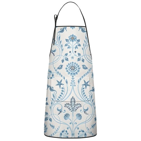 Blue Marine Floral and Animal Pattern Apron-Garden Aprons for Women with Pockets-Cotton Linen Waterproof Kitchen Cooking Gardening Aprons Adjustable for Kitchen,Cooking,BBQ and Salon 33x27 Inch