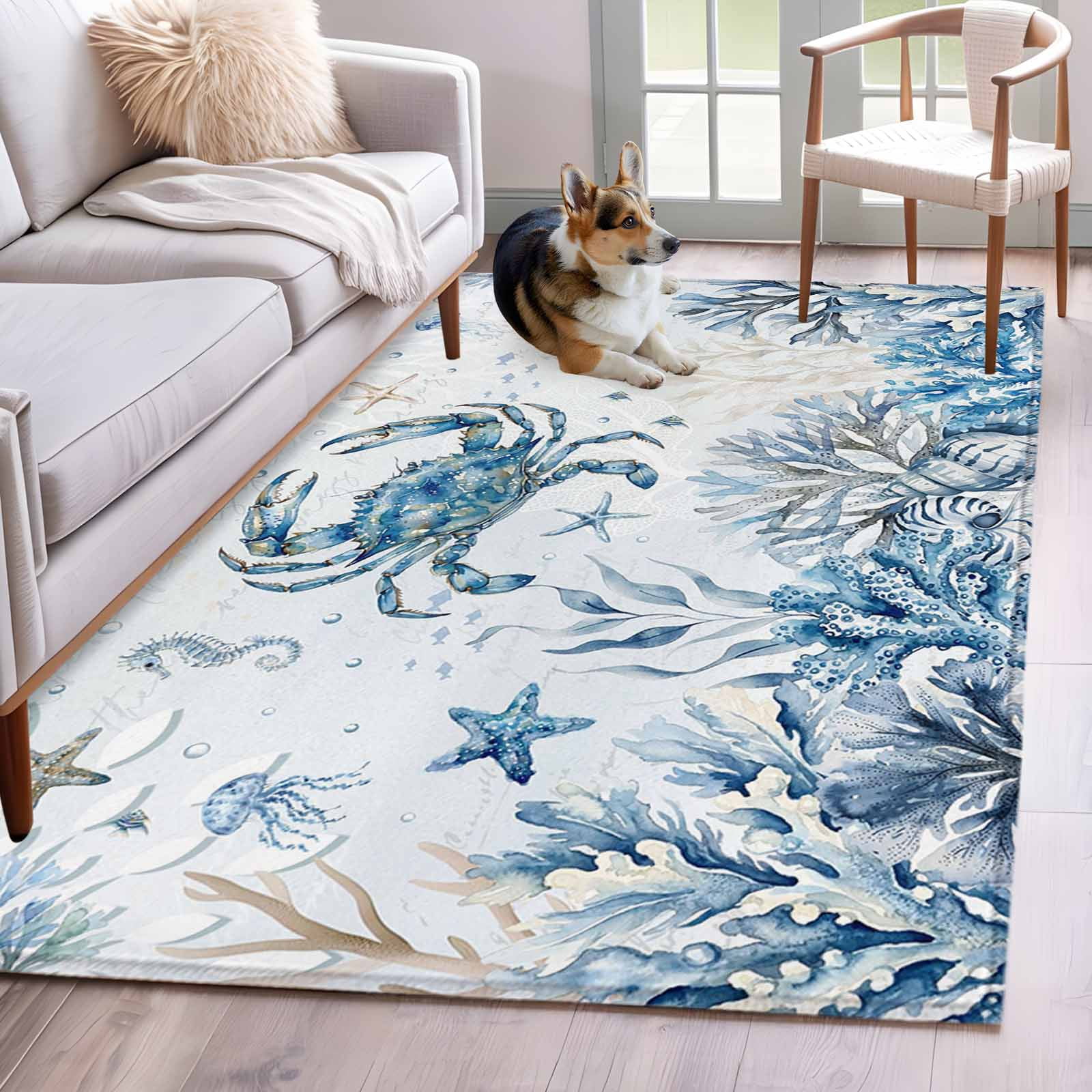 Blue Marine Life 4x6 Area Rugs for Living Room, Ocean Crab Coral Sea ...