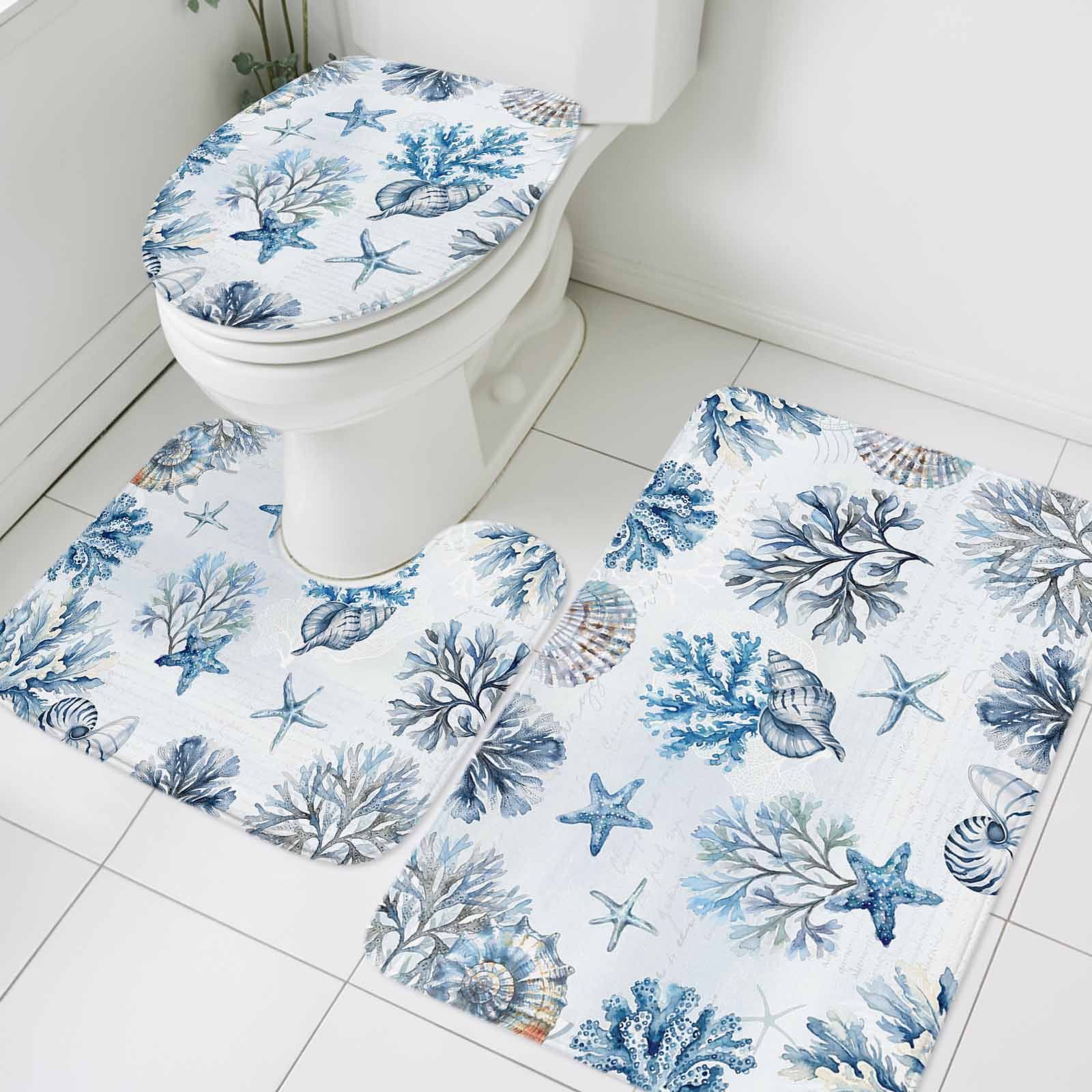 Blue Marine Life Bathroom Rugs Set Ocean Coral Sea Star Shellfish ...