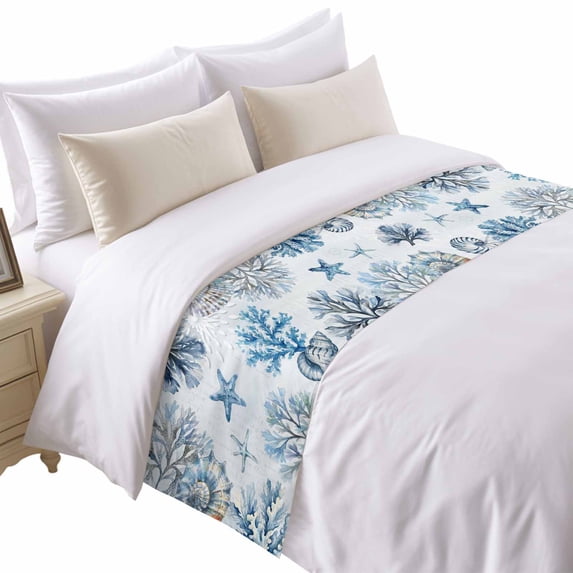 Blue Marine Life Bed Runner for Twin Size Bed, Ocean Coral Sea Star Shellfish Seashell Coastal Soft Bedding Scarf Bedding Protector Slipcover Sofa Throw for Bedroom Hotel Guesthouse