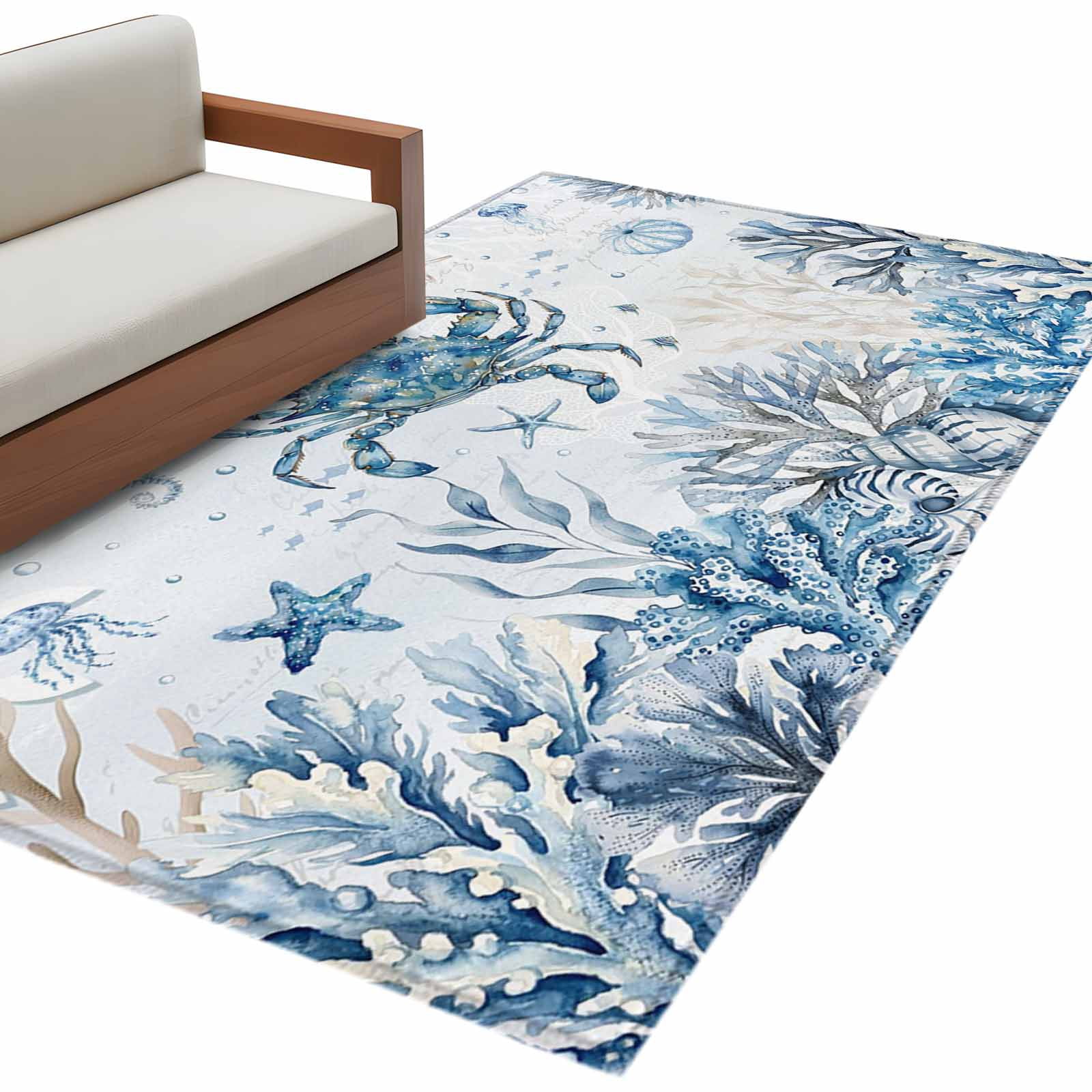 Blue Marine Life Rectangle Area Rug 4x6 ft Ocean Crab Coral Sea Star ...