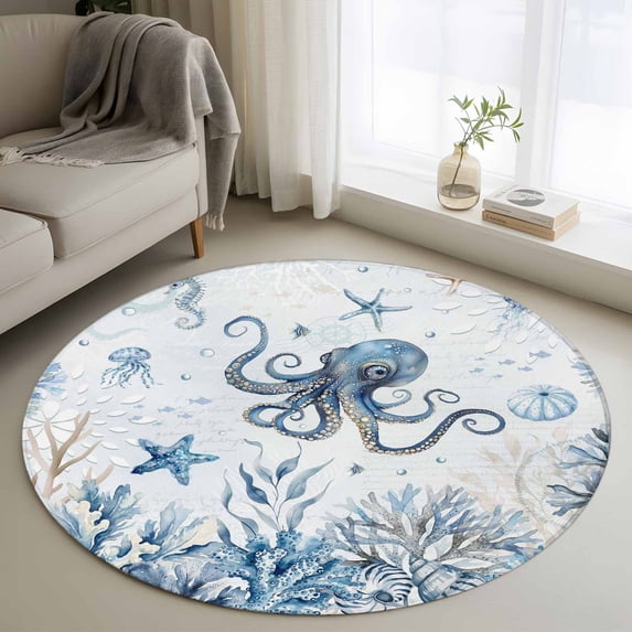 Blue Marine Life Round Living Room Rug 3.3', Ocean Octopus Coral Sea Star Seashell Jellyfish Coastal Washable Area Rug with Non-Slip Sturdy Edge Binding Round Front Door Mat Floor Carpet for Entryway