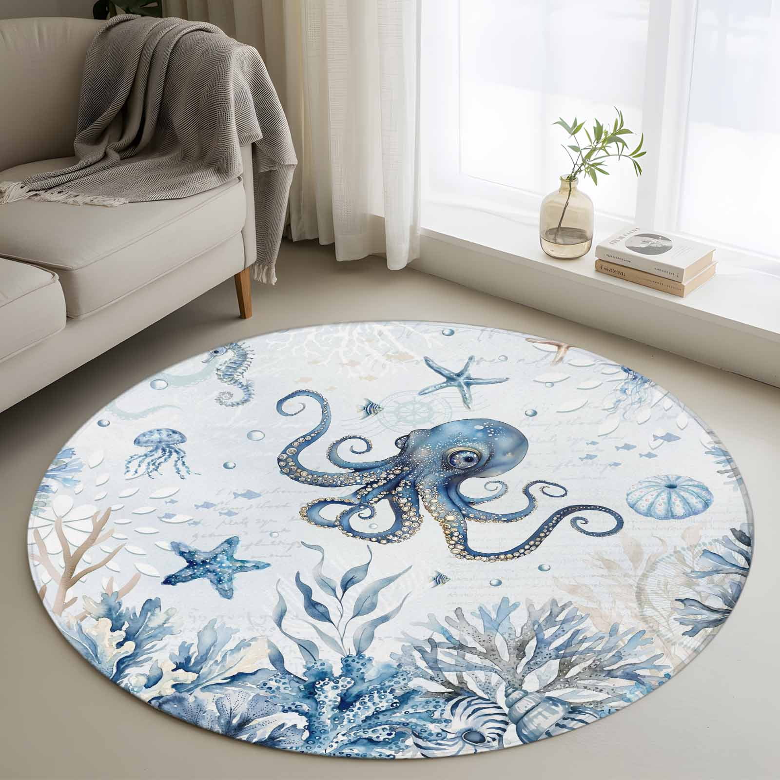 Blue Marine Life Round Rugs for Living Room 3ft Ocean Octopus Coral Sea ...