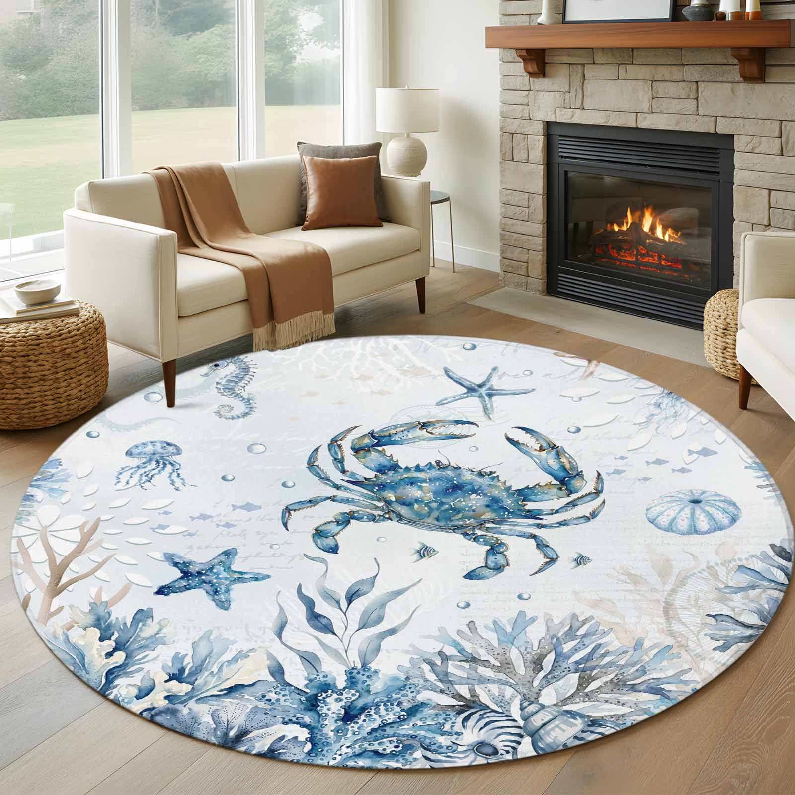 Blue Marine Life Round Rugs for Living Room 5ft Ocean Crab Coral Sea ...