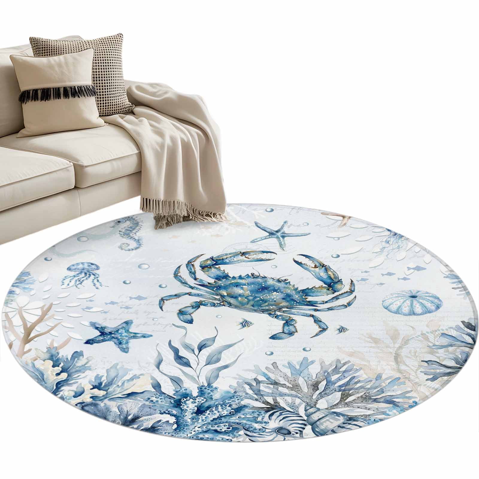Blue Marine Life Round Area Rug 4 ft Ocean Crab Coral Sea Star Seashell ...