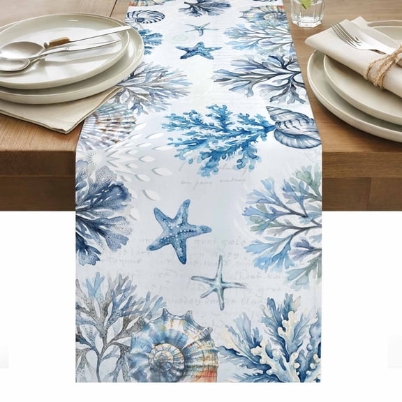 Blue Marine Life Table Runner Ocean Coral Sea Star Shellfish Seashell Coastal Table Runners Dresser Scarves Holiday Kitchen Dining Table Decoration for Home Party Indoor 13x120 Inch