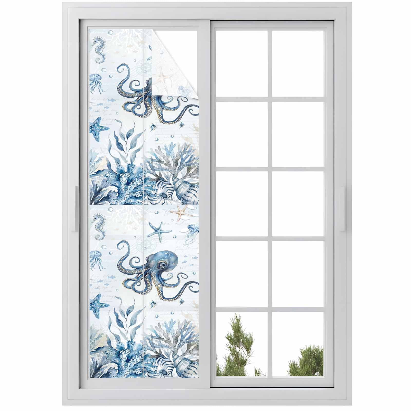Blue Marine Life Window Privacy Film, Ocean Octopus Coral Sea Star Seashell Jellyfish Coastal Frosted Glass Window Clings Static Cling UV Heat Blocking Reusable Sticker for Bedroom 17.7x78.7 Inch
