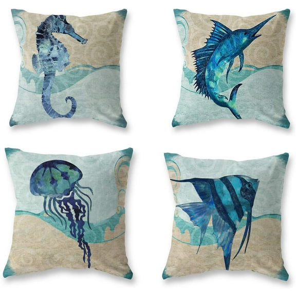Blue Marine Starfish Whale Game Pillow Covers, Decorative Pillowcase for Home Sofa Bedding Couch Outdoor Cushion Covers,Set of 4