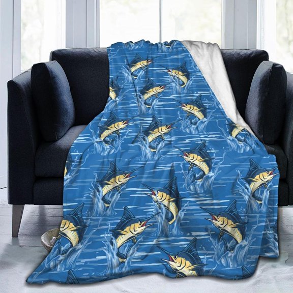 Blue Marlin Fish Jumping Ocean Wave Pattern Blanket