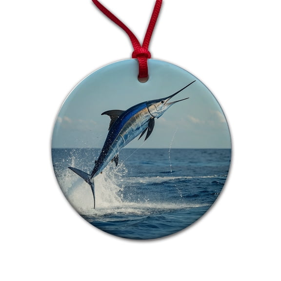 Blue Marlin Fish Leaping Out Of Water Christmas Tree Holiday Round Ceramic Ornament