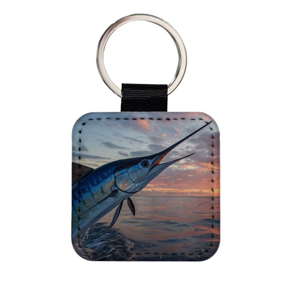 Blue Marlin Fishing Sunset Faux Leather Square Keychain
