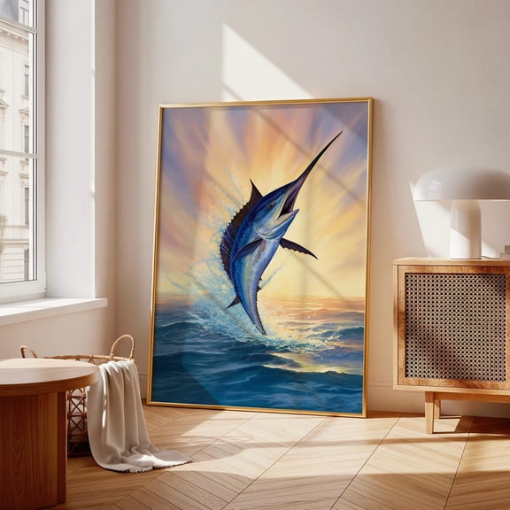 Blue Marlin Jumping Print, Coastal Fisherman Wall Art