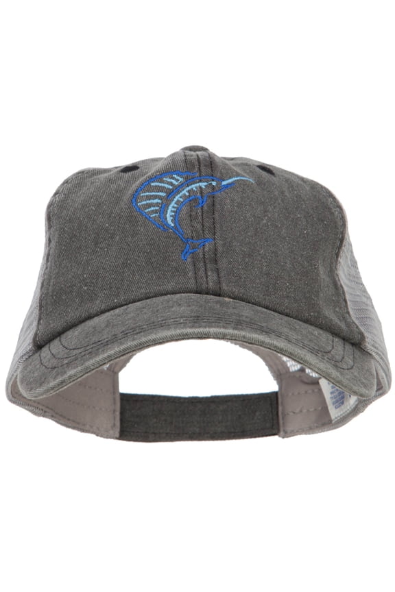 Blue Marlin Outline Embroidered Washed Trucker Cap - Black Grey OSFM