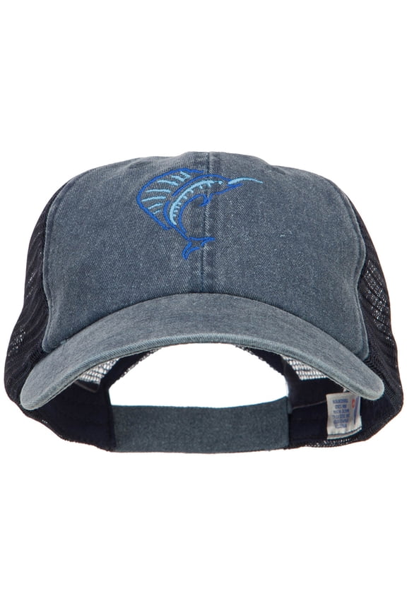 Blue Marlin Outline Embroidered Washed Trucker Cap - Navy Navy OSFM