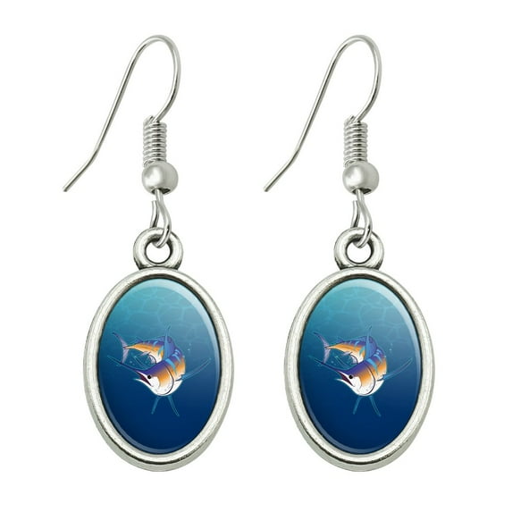 Blue Marlin Swimming in Ocean Novelty Dangling Drop Oval Charm Earrings