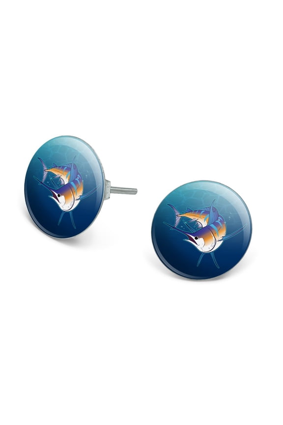 Blue Marlin Swimming in Ocean Novelty Silver Plated Stud Earrings