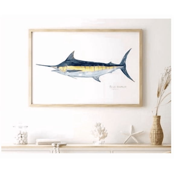Blue Marlin Watercolor Style Poster Nautical Fish Painting