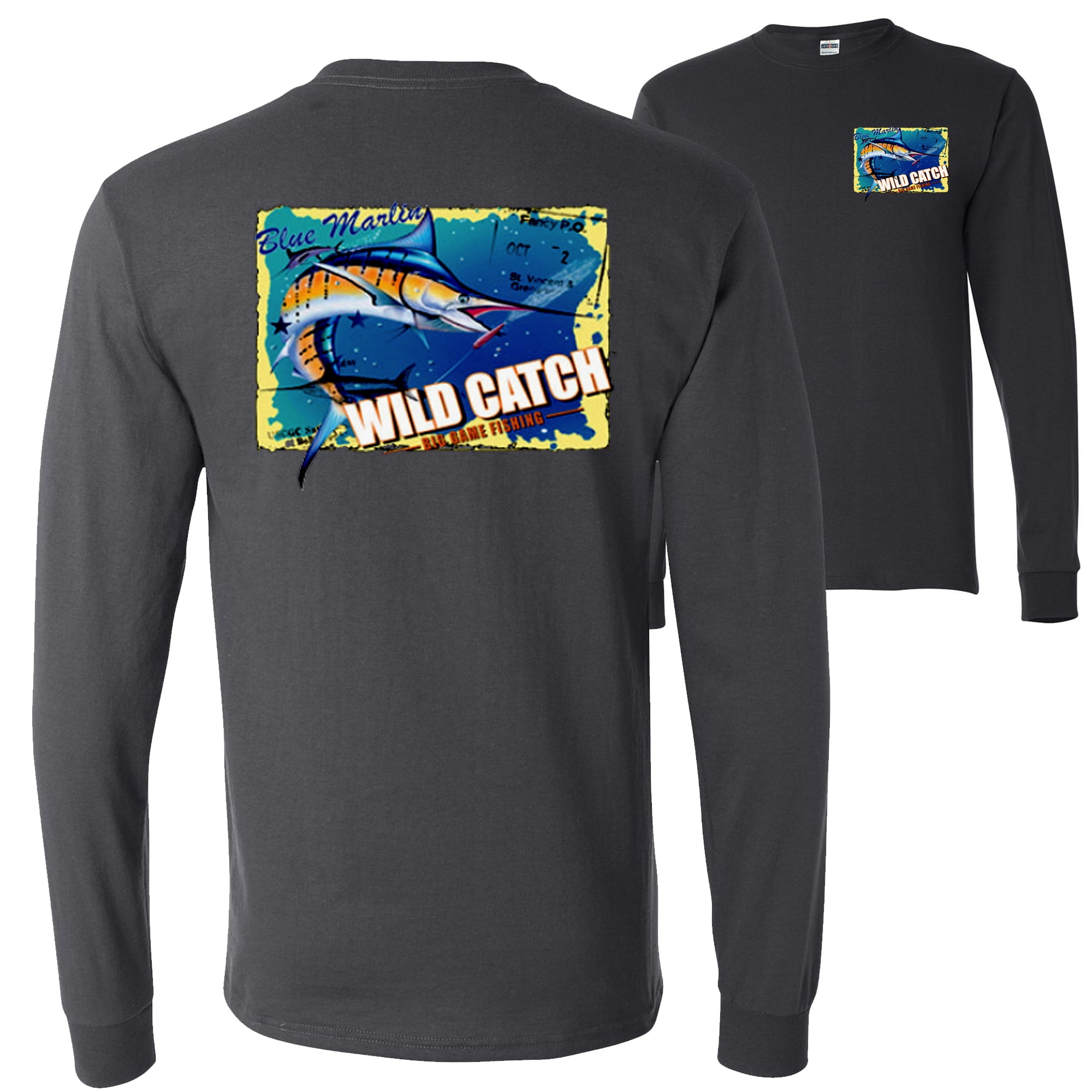 Blue Marlin Wild Catch Fishing Lovers FRONT AND BACK Mens Long Sleeves ...