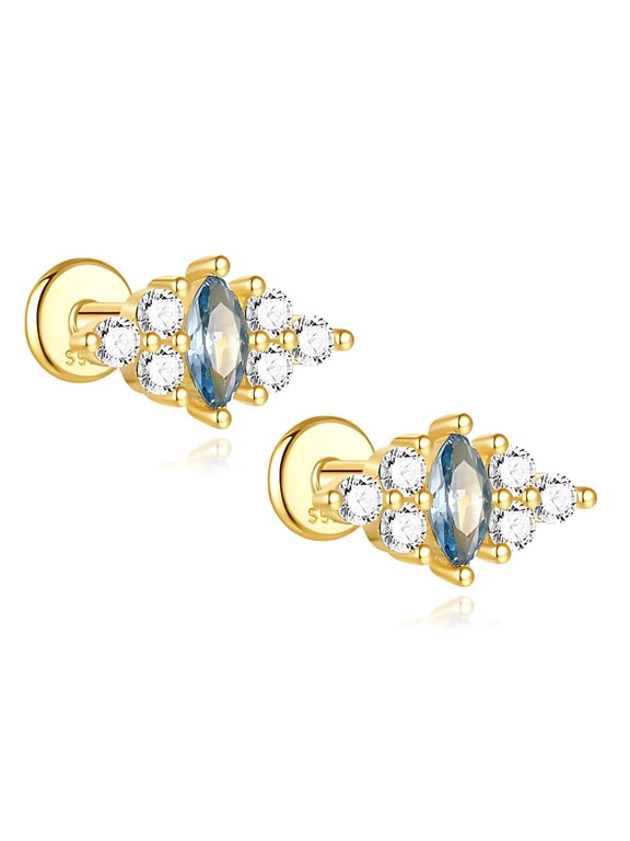 Blue Marquise CZ Flat Back Earrings for Cartilage or Lobe 16g Gold Plated Sterling Silver 1 pair by Ginger Lyne