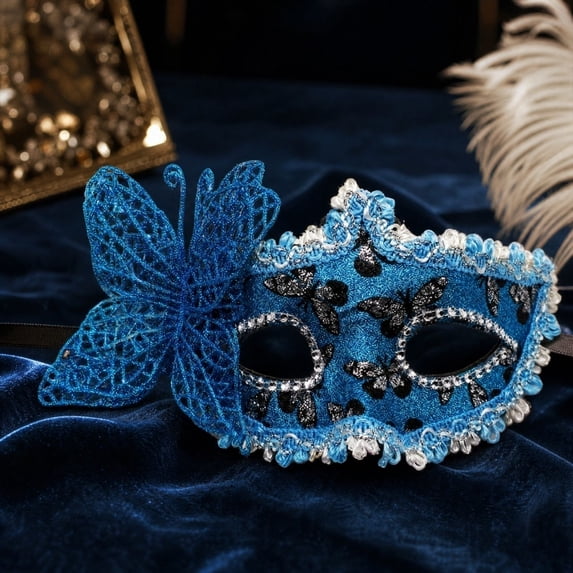 Blue Masquerade Mask for Women 7 Inch Venetian Mask with Rhinestones Glitter Butterfly Design Mardi Gras Prom Party Accessory, 1 Pack
