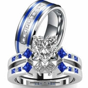 RINGHEART Blue Matching Ring Couple Rings 1 CT CZ Women Wedding Ring Sets Male Titanium Ring