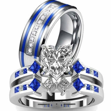 Blue Matching Ring Couple Rings 1 CT CZ Women Wedding Ring Sets Male Titanium Ring