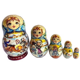 Blue - Matryoshka 5 Nesting Dolls - High Quality - Delicately Painted Winter Village Scenes 4 1/4 Inch tall