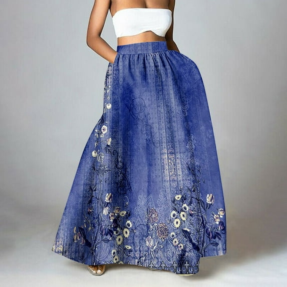 Blue Maxi Skirts for Women with Pockets Long Midi Length Casual Skirt for Beach Party Holiday Floral