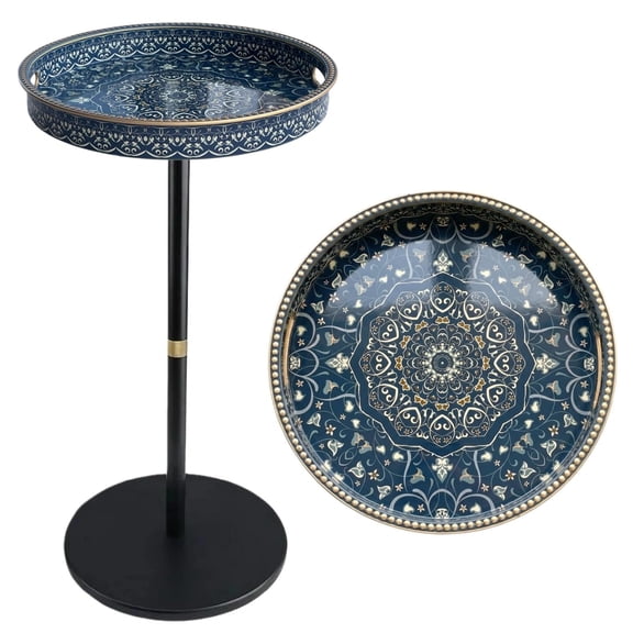 Blue Maze Mandala Tray Top Pedestal Side Table, 13.2 Inch Round