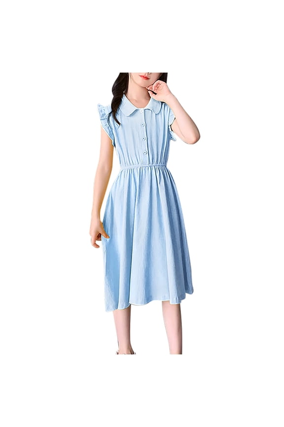 Blue Medieval Goddess Renaissance Plain Steampunk Going Out Dresses for Girls Fall Winter Sleeveless Cap High Neck Midi Slimming Tunic Dresses Girl Button Down 2026 10 Years
