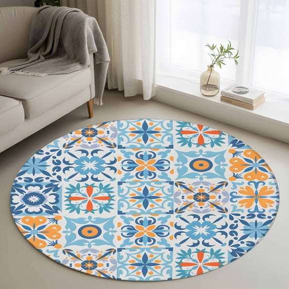 Blue Mediterranean 3ft Area Rug, Vintage Moroccan Tiles Texture Washable Non-Slip Small Round Rugs for Entryway Bedroom Kitchen, Soft Circle Carpet for Dining Room, Playroom Nursery Rug