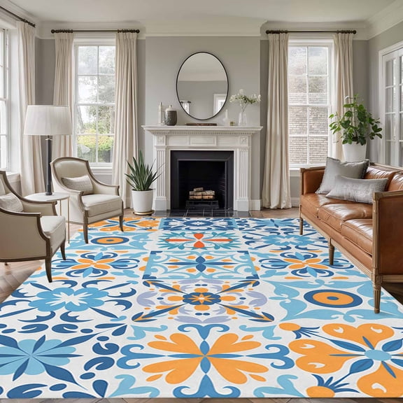 Blue Mediterranean 6'x9' Area Rug for Living Room, Vintage Moroccan Tiles Texture Non-Slip Floor Mat Rugs for Bedroom Dining Room, Indoor Large Carpet for Classroom, Nursery Rugs for Playroom