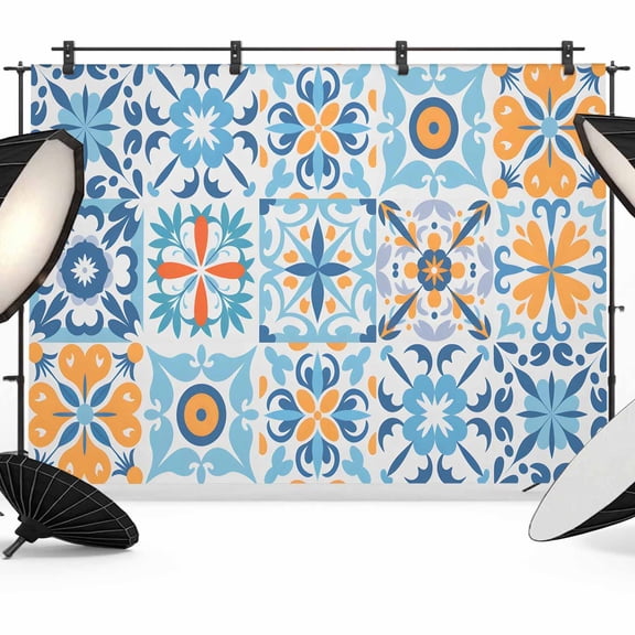 Blue Mediterranean Backdrop for Photography,Fabric Photo Background Backdrop,Vintage Moroccan Tiles Texture Photo Booth Background for Portrait Photoshoot Video Wedding Studio Decor Banner 10x8ft