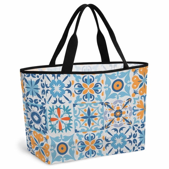 Blue Mediterranean Beach Bag for Women, Large Breathable Mesh Beach Tote Bag, Vintage Moroccan Tiles Texture Sandproof Lightweight Travel Bags for Vacation Picnic Swimming Pool 15.7"x15.7"x9.1"