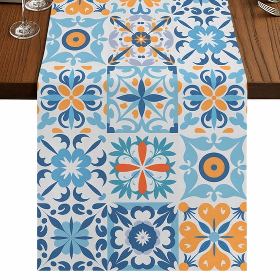 Blue Mediterranean Burlap Cotton Table Runner 16x72 Inches Long, Vintage Moroccan Tiles Texture Farmhouse Table Runners, Outdoor Dining Tablecloths Decor for Baby Shower/Party/Wedding