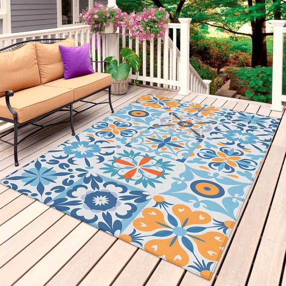Blue Mediterranean Outdoor Rug 5x7 Ft, Non Slip Washable Area Rug, Vintage Moroccan Tiles Texture Patio Rugs Carpet Runner, Large Floor Mat for Indoor/Outdoor Deck Porch Camping