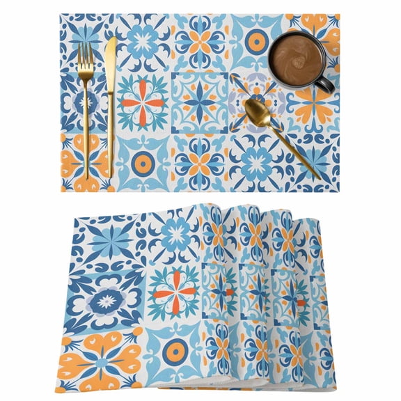 Blue Mediterranean Placemats Set of 4, Vintage Moroccan Tiles Texture Placemats for Dining Table, Place Mats for Kitchen Tabletop, Waterproof Wipeable Dining Table Mats Set