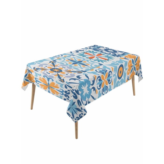 Blue Mediterranean Table Cloth, Waterproof Tablecloth for Rectangle Tables, Vintage Moroccan Tiles Texture Reusable Washable Fabric Table Cover for Restaurant Kitchen Dining Tables 60"x120"