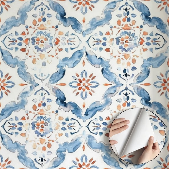 Blue Mediterranean Tile Wallpaper, Vintage Bohemian Style, Self adhesive and removable, waterproof, Home Decor for Kitchen, Bathroom, Living Room, Shelf, 17.7 * 118 in