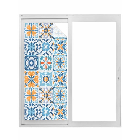 Blue Mediterranean Window Privacy Film, Vintage Moroccan Tiles Texture Static Cling UV Sun Blocking Tint Film Heat Control Windows Films for Bedroom Bathroom, Window Stickers 17.7"x39.3"