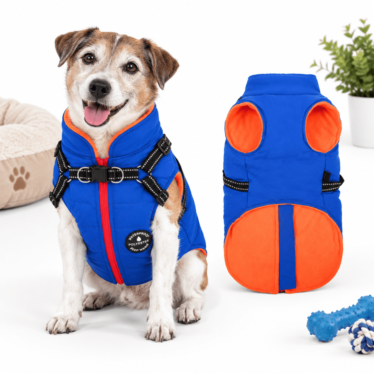 Blue Medium 2-in-1 Dog Warm Jacket and Harness Cold Weather Coat for ...